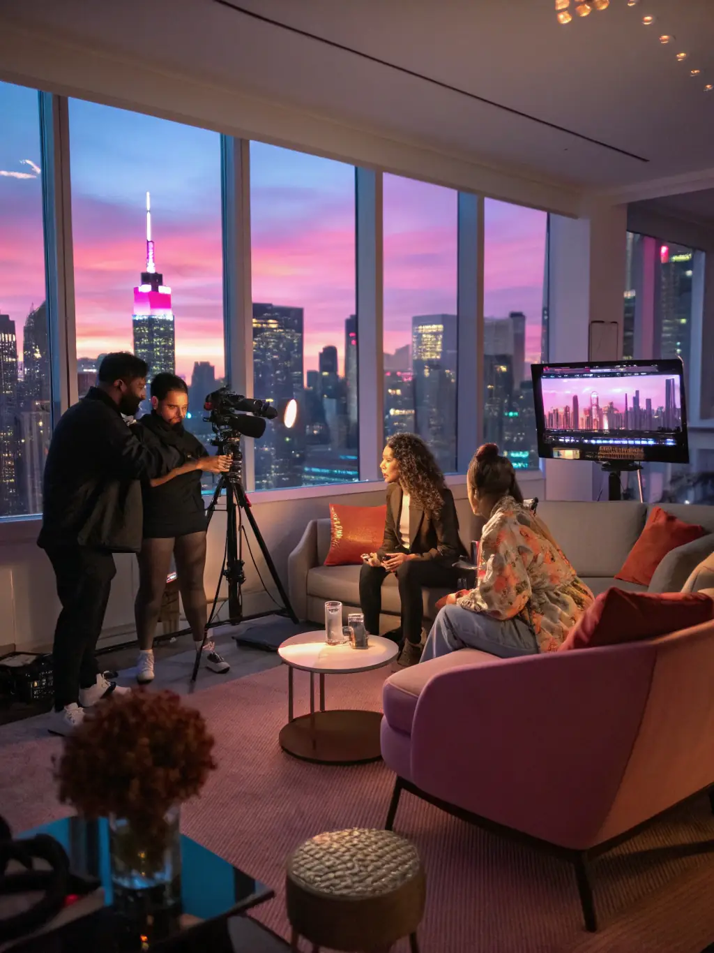 A collaborative scene of influencers creating content for a brand, illustrating Stickymelon's influencer marketing strategies.